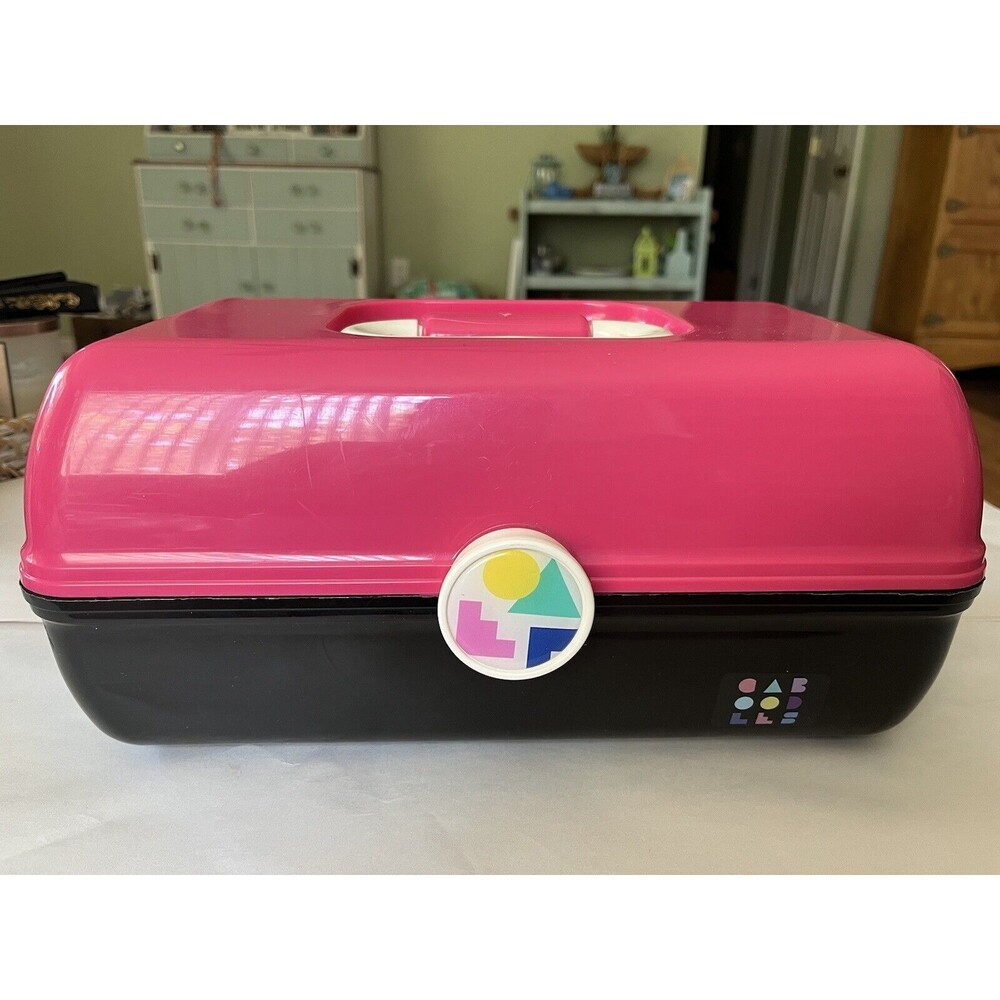 Vintage Caboodle Makeup Travel Case Tiered Mirror Pink/Black Handle